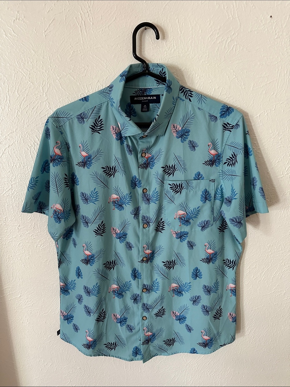 Mizzen+Main Teal Short-Sleeve Flamingo & Leaf Print Button-Down Shirt